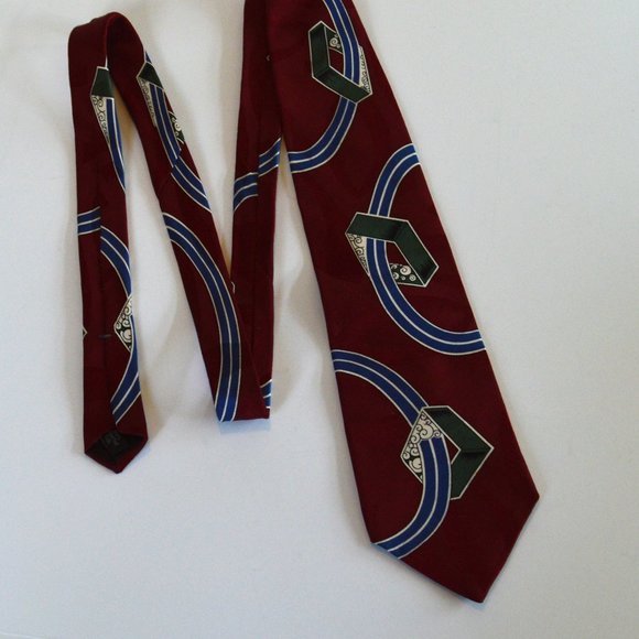 Vintage Bugatti 100% Silk Necktie - Burgundy with Blue/Green/White Geometric - Picture 4 of 8